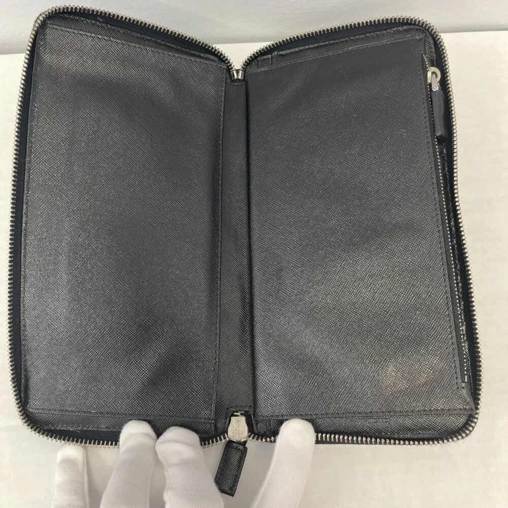 Prada Saffiano Leather Organizer Zippy Wallet in Black and Turquoise - Preowned